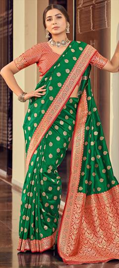 Party Wear, Traditional Green color Saree in Silk fabric with South Weaving, Zari work : 1942959