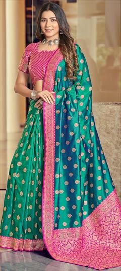 Party Wear, Traditional Green color Saree in Silk fabric with South Weaving, Zari work : 1942960