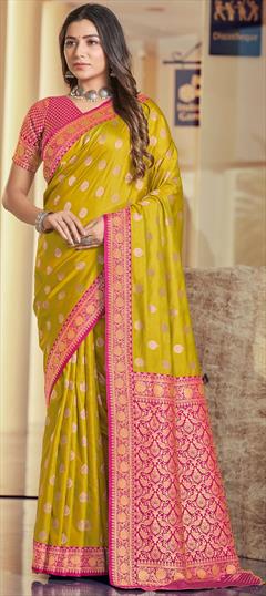 Party Wear, Traditional Yellow color Saree in Silk fabric with South Weaving, Zari work : 1942961