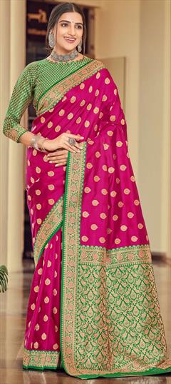 Party Wear, Traditional Pink and Majenta color Saree in Silk fabric with South Weaving, Zari work : 1942962