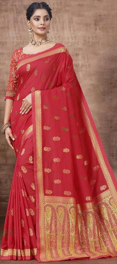 Reception, Traditional Orange color Saree in Silk fabric with South Weaving work : 1942963