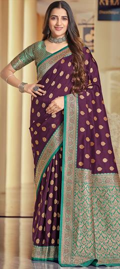 Party Wear, Traditional Purple and Violet color Saree in Silk fabric with South Weaving, Zari work : 1942964