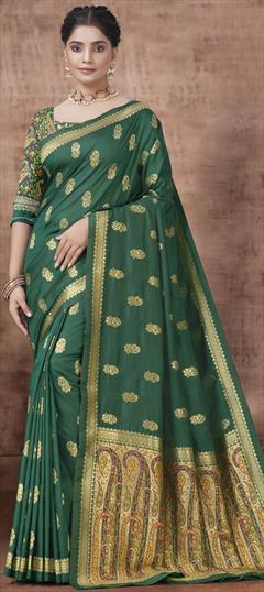 Reception, Traditional Green color Saree in Silk fabric with South Weaving work : 1942966