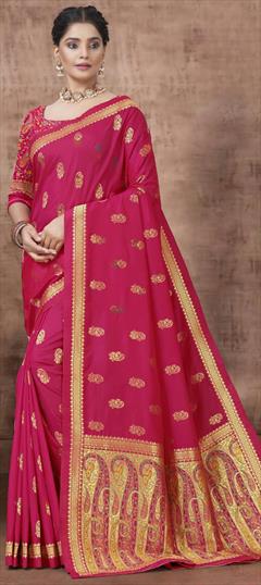 Reception, Traditional Pink and Majenta color Saree in Silk fabric with South Weaving work : 1942968