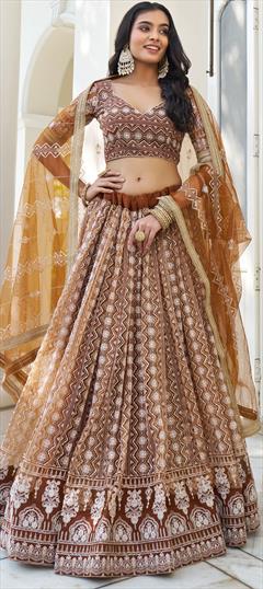 Bridal, Wedding Beige and Brown color Lehenga in Net fabric with Flared Embroidered, Sequence, Thread, Zari work : 1942972