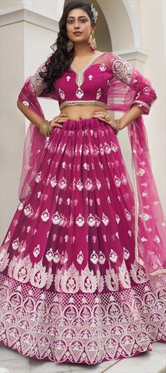 Bridal, Wedding Pink and Majenta color Lehenga in Net fabric with Flared Embroidered, Sequence, Thread, Zari work : 1942975