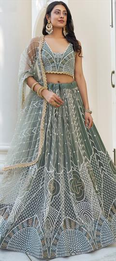Bridal, Wedding Green color Lehenga in Net fabric with Flared Embroidered, Sequence, Thread, Zari work : 1942977