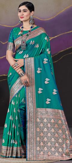 Reception, Traditional Green color Saree in Silk fabric with South Weaving work : 1942980