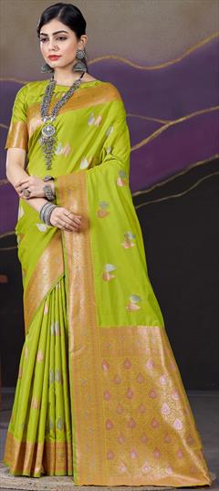 Reception, Traditional Green color Saree in Silk fabric with South Weaving work : 1942981
