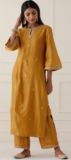 Festive, Party Wear, Reception Yellow color Salwar Kameez in Chanderi Silk fabric with Embroidered, Thread work : 1942982