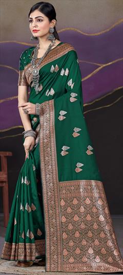 Reception, Traditional Green color Saree in Silk fabric with South Weaving work : 1942985