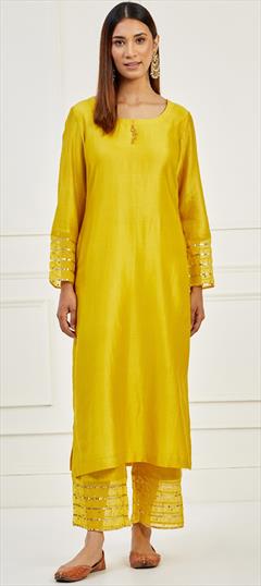 Festive, Party Wear, Reception Yellow color Salwar Kameez in Chanderi Silk fabric with Embroidered, Thread work : 1942988