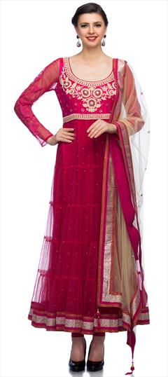 Festive, Reception, Wedding Red and Maroon color Salwar Kameez in Net fabric with Anarkali Embroidered, Thread, Zari work : 1942991