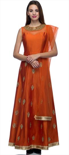 Festive, Reception, Wedding Orange color Salwar Kameez in Silk fabric with Anarkali Embroidered, Thread, Zari work : 1942992