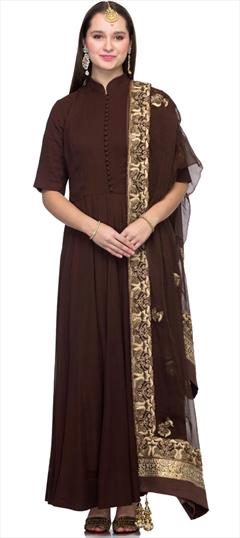 Festive, Reception, Wedding Beige and Brown color Salwar Kameez in Georgette fabric with Anarkali Embroidered, Thread, Zari work : 1942994