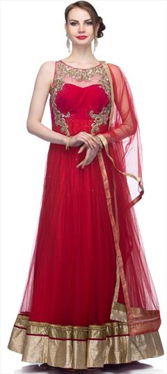 Festive, Reception, Wedding Red and Maroon color Salwar Kameez in Net fabric with Anarkali Embroidered, Thread, Zari work : 1942995