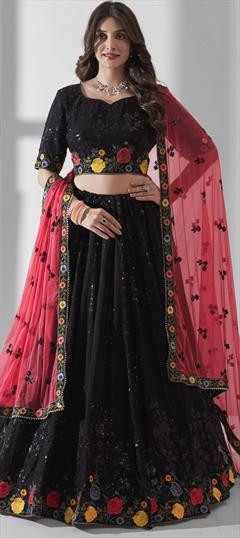 Bridal, Wedding Black and Grey color Lehenga in Georgette fabric with Flared Embroidered, Sequence, Thread work : 1943038