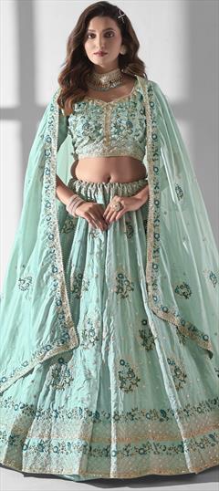 Bridal, Wedding Blue color Lehenga in Organza Silk fabric with Flared Embroidered, Sequence, Thread work : 1943039