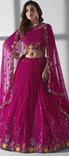 Bridal, Wedding Pink and Majenta color Lehenga in Georgette fabric with Flared Embroidered, Sequence, Thread work : 1943041