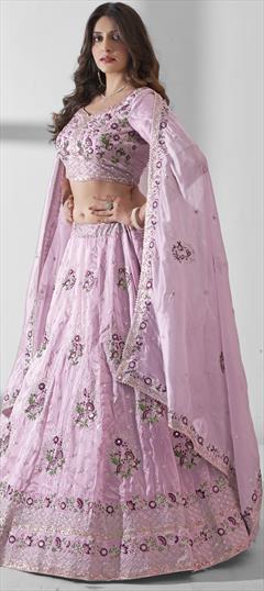 Bridal, Wedding Pink and Majenta color Lehenga in Organza Silk fabric with Flared Embroidered, Sequence, Thread work : 1943042