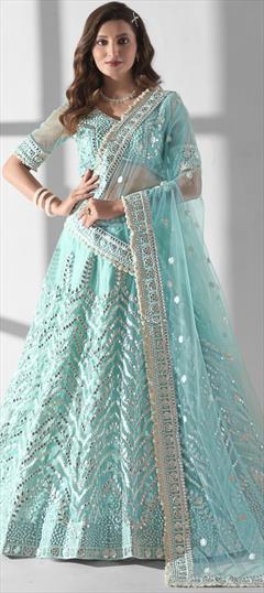 Bridal, Wedding Blue color Lehenga in Net fabric with Flared Gota Patti, Sequence work : 1943043