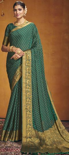 Festive, Reception, Wedding Green color Saree in Chiffon fabric with Classic Weaving, Zari work : 1943054