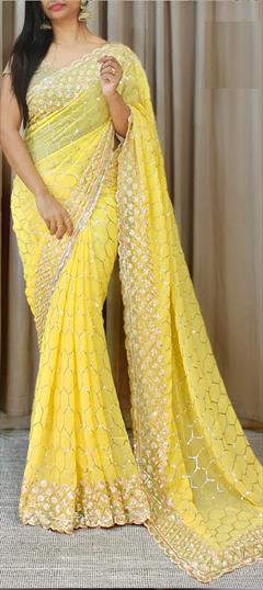 Festive, Party Wear, Reception Yellow color Saree in Faux Georgette fabric with Classic Sequence, Thread work : 1943064