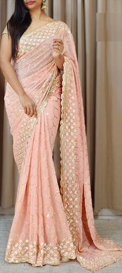 Festive, Party Wear, Reception Pink and Majenta color Saree in Faux Georgette fabric with Classic Sequence, Thread work : 1943066