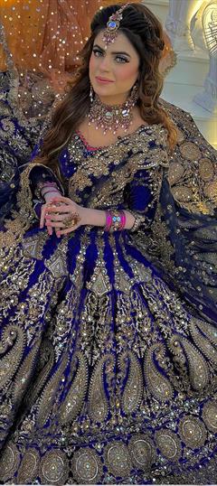 Bridal, Reception, Wedding Blue color Lehenga in Velvet fabric with Flared Embroidered, Mirror, Sequence work : 1943085