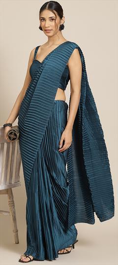 Party Wear, Traditional Blue color Saree in Satin Silk fabric with South Crushed work : 1943089