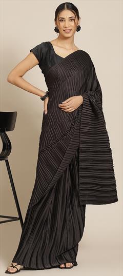 Party Wear, Traditional Black and Grey color Saree in Satin Silk fabric with South Crushed work : 1943091