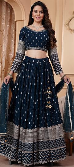 Bridal, Wedding Blue color Ready to Wear Lehenga in Georgette fabric with Flared Embroidered, Sequence, Thread work : 1943094