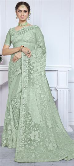 Engagement, Festive, Reception Green color Saree in Net fabric with Classic Embroidered, Stone, Thread work : 1943095