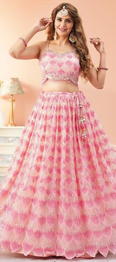 Bridal Pink and Majenta color Ready to Wear Lehenga in Net fabric with Flared Embroidered, Sequence, Thread work : 1943097