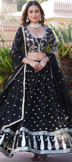 Engagement, Reception, Wedding Black and Grey color Lehenga in Georgette fabric with Flared Embroidered, Sequence work : 1943105