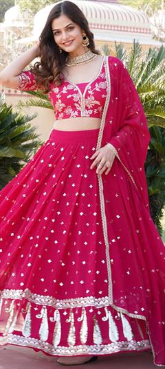 Engagement, Reception, Wedding Pink and Majenta color Lehenga in Georgette fabric with Flared Embroidered, Sequence work : 1943108