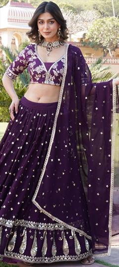 Engagement, Reception, Wedding Purple and Violet color Lehenga in Georgette fabric with Flared Embroidered, Sequence work : 1943109