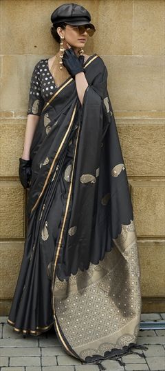 Party Wear, Traditional Black and Grey color Saree in Satin Silk fabric with South Weaving work : 1943111
