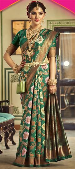 Bridal, Traditional, Wedding Green color Saree in Silk fabric with South Floral, Weaving, Zari work : 1943112