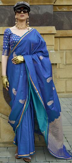 Party Wear, Traditional Blue color Saree in Satin Silk fabric with South Weaving work : 1943113
