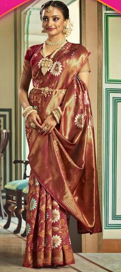 Bridal, Traditional, Wedding Pink and Majenta color Saree in Silk fabric with South Floral, Weaving, Zari work : 1943115