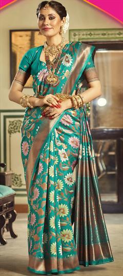 Bridal, Traditional, Wedding Blue color Saree in Silk fabric with South Floral, Weaving, Zari work : 1943116
