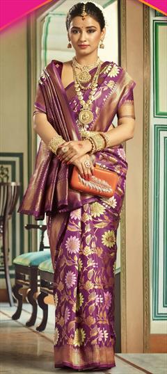 Bridal, Traditional, Wedding Purple and Violet color Saree in Silk fabric with South Floral, Weaving, Zari work : 1943117