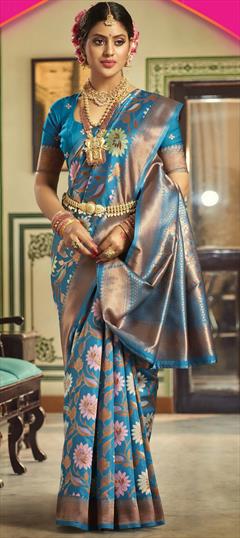 Bridal, Traditional, Wedding Blue color Saree in Silk fabric with South Floral, Weaving, Zari work : 1943118
