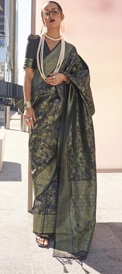 Party Wear, Traditional Black and Grey color Saree in Handloom fabric with Bengali Weaving work : 1943127