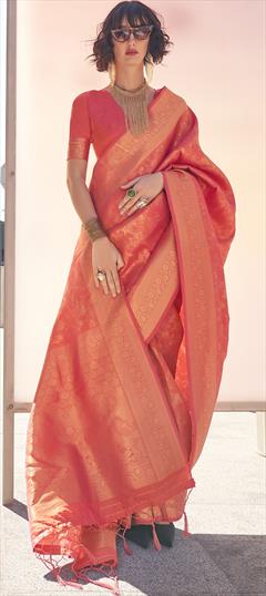 Party Wear, Traditional Orange color Saree in Handloom fabric with Bengali Weaving work : 1943128