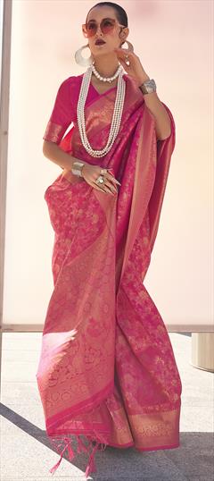 Party Wear, Traditional Pink and Majenta color Saree in Handloom fabric with Bengali Weaving work : 1943130