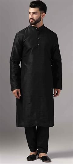 Party Wear Black and Grey color Kurta Pyjama with Jacket in Raw Silk fabric with Embroidered, Thread work : 1943134