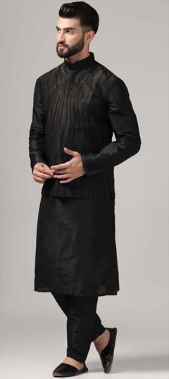 Party Wear Black and Grey color Kurta Pyjama with Jacket in Raw Silk fabric with Embroidered, Thread work : 1943140