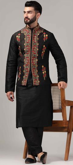 Party Wear Black and Grey color Kurta Pyjama with Jacket in Raw Silk fabric with Embroidered, Resham, Thread, Zari work : 1943145